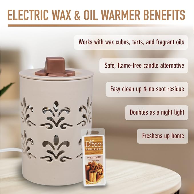 D'Eco Fragrance Wax Melt Warmer - Electric Scented Tart & Candle Warmer w 6 Cinnamon Cubes - Plug-in Halogen Bulb Melts Cubes & Fills Room w Fresh Scents & Night Light Glow for Mom