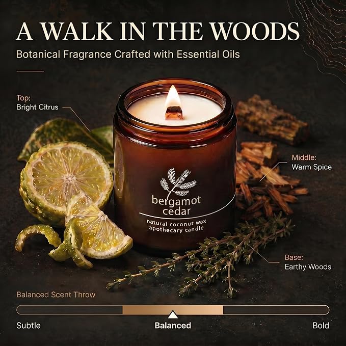 Hemlock Park Bergamot Cedar Apothecary Scented Candle | Crackling Wood Wick, Botanical Fragrance & Coconut Apricot Wax | Up to 60 Hour Burn Time | 8 oz | Made in USA