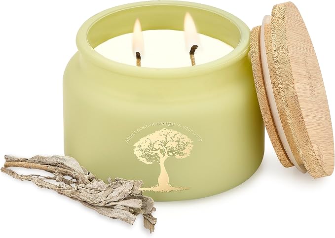 White Sage Meditation and Yoga Candle for Energy Clearing and Protection - 50 Hour Clean Burning Soy Wax - 2-Wick Spiritual Aromatherapy Smudge Candle with Guided Materials -9.5oz