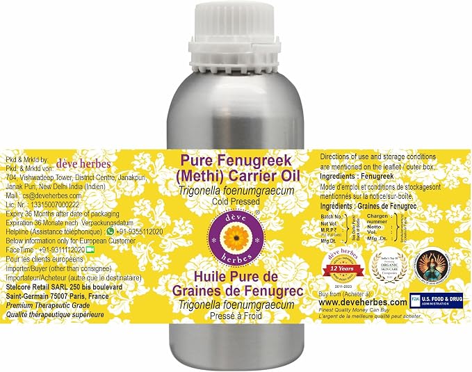 Deve Herbes Fenugreek (Methi) Oil (Trigonella foenumgraecum) | Cold Pressed | Pure | Natural | For Diluting Essential oils | Hair, Skin & Massage | Non-Sticky | Lightweight | Unisex | 1250ml (42 oz)