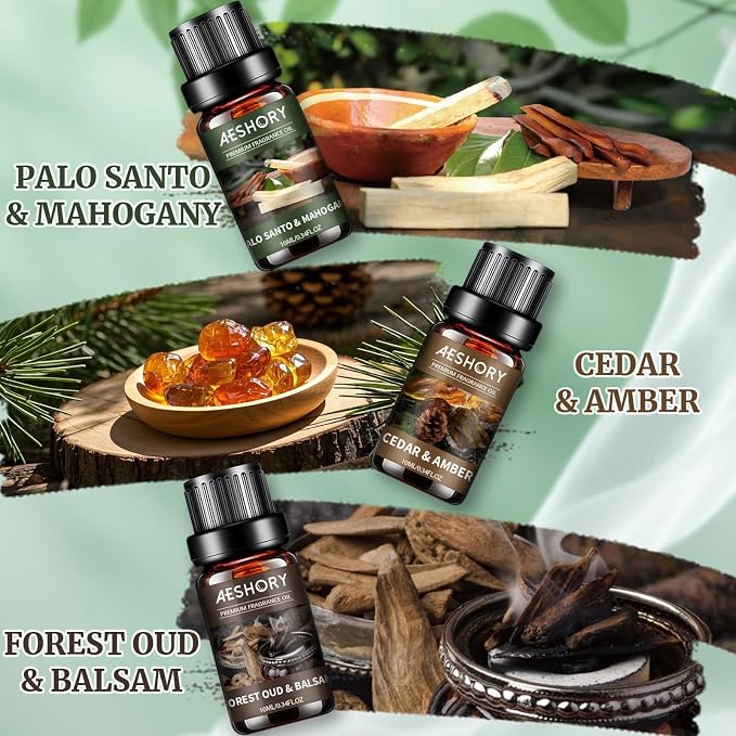 Wood Essential Oils Set, Woody Scent Fragrance Oil Kit, Aromatherapy Oils for Diffusers (6 * 10ML), Sandalwood &Vanilla, Forested Fir,Palo Santo&Mahogany,Cedar & Amber, Oud &Balsam,Hickory&Suede