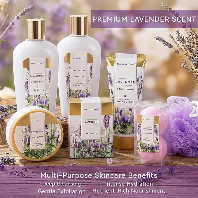 spa luxetique Spa Gift Baskets for Women, 8 Pcs Lavender Lotion Set with Bubble Bath, Shower Gel, Birthday Anniversary Self Care Kit for Her, Mothers Day Gifts for Mom