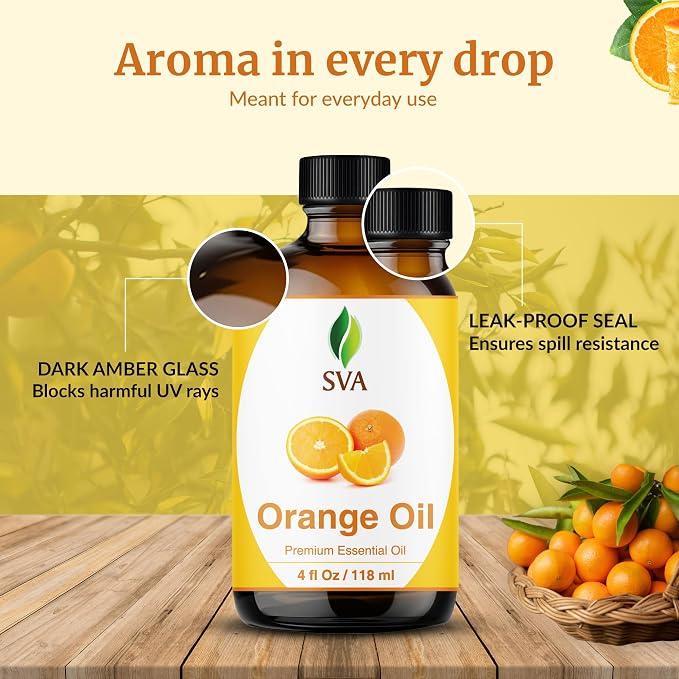 SVA Orange Essential Oil 4 Fl Oz – for Aromatherapy, Diffuser, Skin & Hair Care – Ideal for Massage & DIY Blends - with Dropper