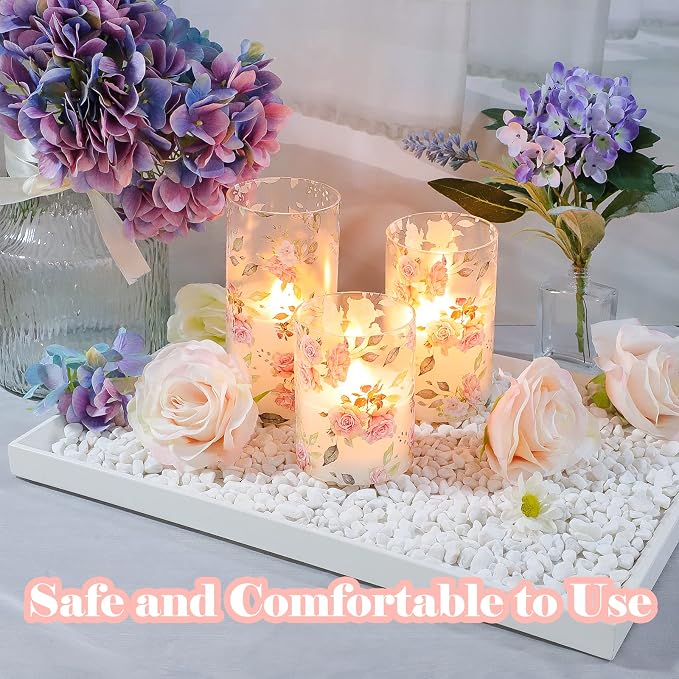 Rose Flameless Candles with Remote Real Wax Blinks Glass Battery Operated Candles - Home Party Wedding Thanksgiving Christmas Summer Decor - Set of 3