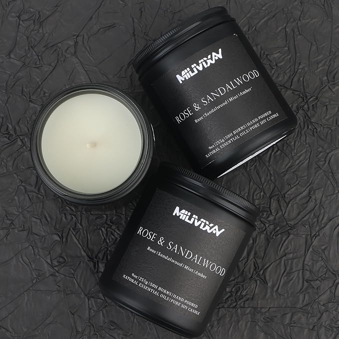 MILIVIXAY Candle for Men Rose & Sandalwood Scented Classic 9oz Jar Single Wick Candle, Soy Wax Candle for Consistent Burn, Over 50 Hours of Burn Time, Ideal for Creating Relaxing & Holiday Gifting.