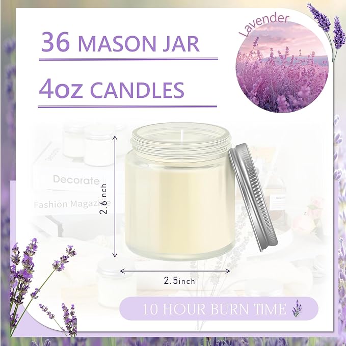 36 Pcs 4 Oz Mason Jar Candles, Lavender Scented Soy Candles Bulk Set for Stress Relief and Relaxation, Great Favors for Wedding, Christmas, Housewarming Gifts (Silver, Lavender, 36)