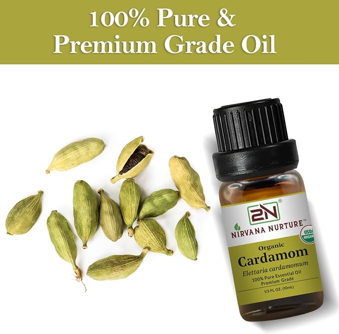 Cardamom Essential Oil, USDA Certified Organic, 100% Pure Undiluted, Aromatherapy Oil for Diffuser, Hair & Skin Care