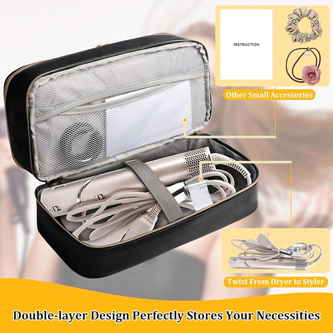 Travel Carrying Case for Shark Flex Style, Double Layer Storage Case for Shark SpeedStyle Hair Dryer Attachments, Waterproof PU Leather Organizer Bag for Shark Flexstyle Airwrap Styler (Black)