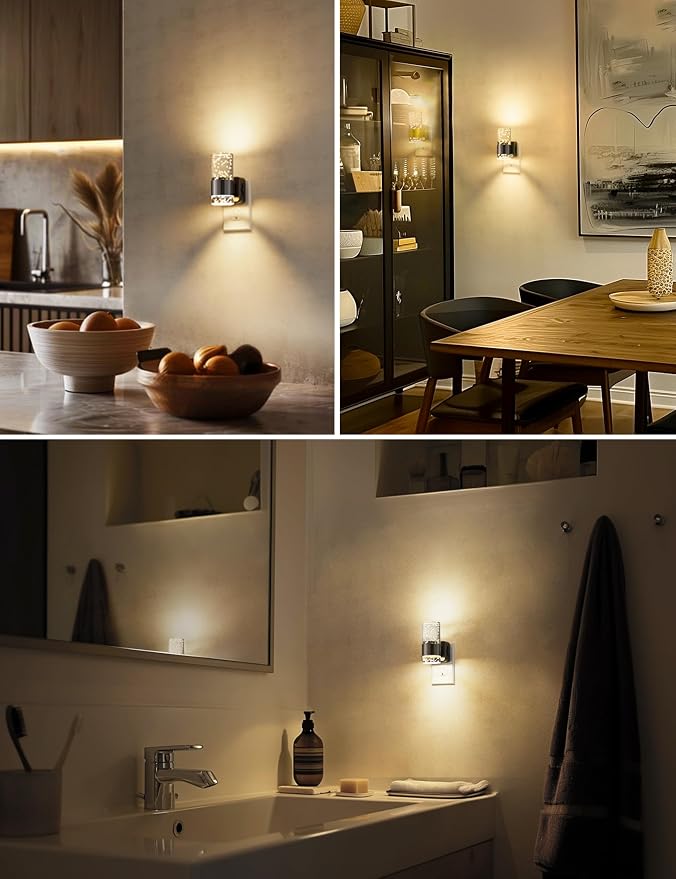 Night Lights Plug into Wall, Dimmable Night Light with Dusk to Dawn Sensor, Acrylic Night Light with Warm Light 3000K, Wall Sconce-Style Design Nightlight for Hallway, Bathroom, 1-Pack