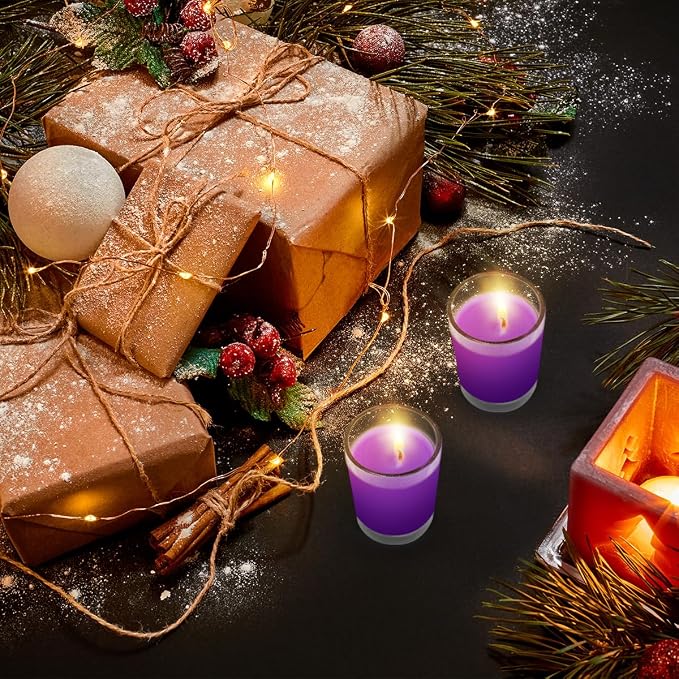 4 Packs Unscented Purple Votive Candles in Glass, 2 Inch Natural Soy Wax Scentless Candles for Wedding Party Home Holidays Relaxation Spa, 12-15 Hour Burning Time