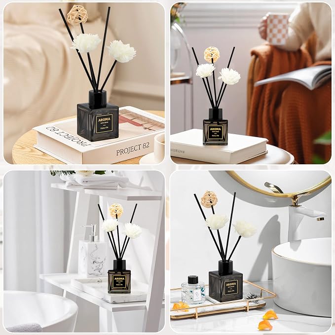 Black Glass Bottle Scent Diffuser, 1.7 oz Reed Diffuser with Sticks, Home Fragrance for Bookshelf, Bedroom Vanity, Office Desk & Bathroom Decor, Air Freshener for Aesthetic Room Decor (Gardenia)