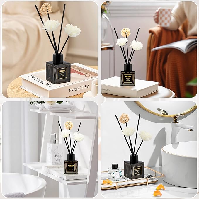 Black Glass Bottle Scent Diffuser, 1.7 oz Reed Diffuser with Sticks, Home Fragrance for Bookshelf, Bedroom Vanity, Office Desk & Bathroom Decor, Air Freshener for Aesthetic Room Decor (Ocean)