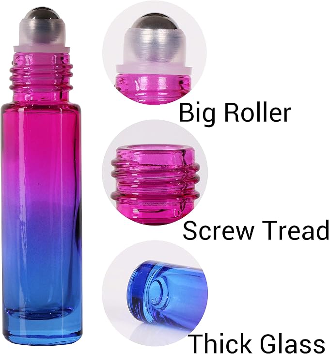 inice 24 10ml Essential Oils Roller Bottles Gradient Color Thick Glass Roll on Bottle Golden Metal Cap for Travel