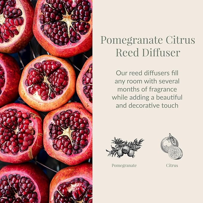Archipelago Botanicals Pomegranate Citrus Reed Diffuser, Home Fragrance Reed Diffuser, Includes Fragrance Oil, Decorative Wooden Cap & 10 Diffuser Reeds, Perfect for Home, Office or Gift, 7.85 fl oz