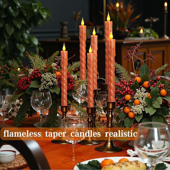 Flameless Taper Candles Flickering with Remote,Timer, Dimmer,9.7 Inch Orange 6 Pack Candle Sticks,Realistic Wax Drip,Battery Operated Candlesticks for Christmas Wedding Halloween Home Decor