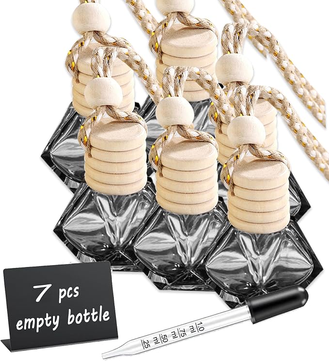 7 Pcs 8ml Hanging Car Air Freshener Diffuser,Empty Black Gradient Glass Essential Diffuser Oil Aromatherapy Fragrance Perfume Pendant Glass Vials with Wooden Caps (Diamond, 8ml)