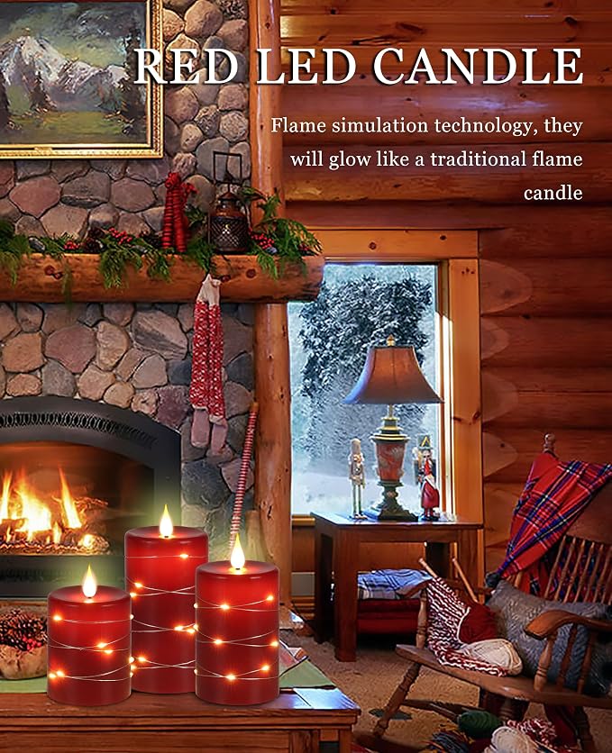 Red Flameless Candles with String Lights Battery Operated LED Pillar Candles 4‘’ 5‘’ 6‘’ Candle with Remote Control,Fake Candle Set of 3 for Christmas or Special Festivals Decorations