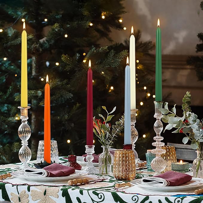 YOROXRG 24 Colored Taper Candles, 7-8 Hours Burn Time, Unscented, Smokeless and Dripless, 0.75 x 10 Inch Dinner Candle Set for Household, Wedding, Party and Home Décor Candlesticks