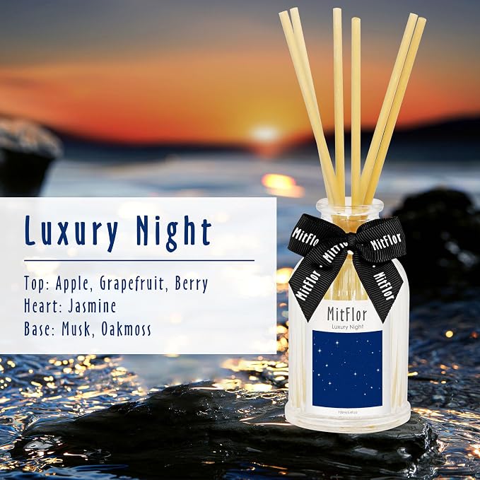Reed Diffuser, MitFlor Luxury Night Air Freshener Diffuser for Shelf Decor, Hotel Collection Diffuser Oil - Apple, Berry, Jasmine, Musk, Oakmoss - 3.4 fl oz