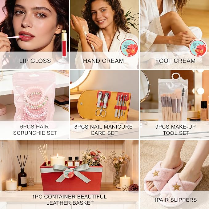 35 Pcs Spa Kit Gift for Women, Sandalwood Red Rose Bath and Body Basket Gift, Face Skin Care Kit, Home Spa Self Care, Lip Gloss, Birthday, Christmas, Mother, Bridal Shower, Anniversary
