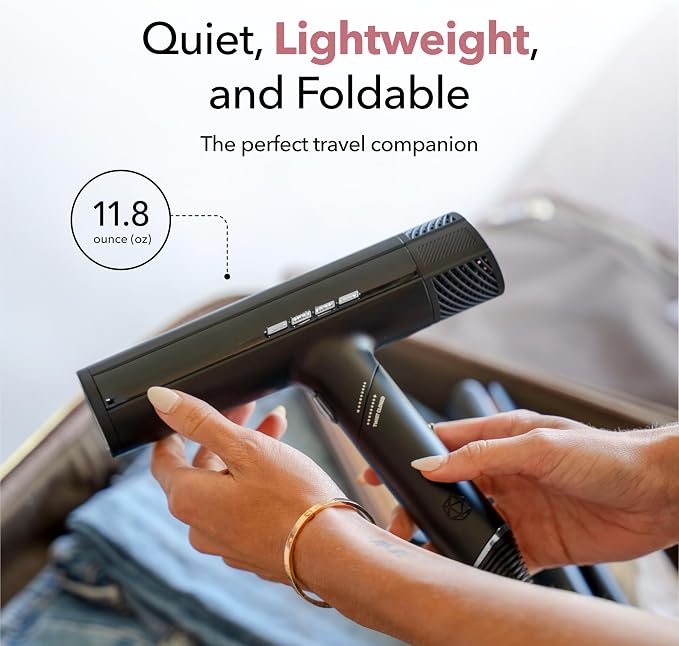 SRILabs DryQ ‘Smart’ Hair Dryer – Super Lightweight, Foldable – Powerful, Quiet Motor – Infrared & Ionic Technology – 3 Magnetic Attachments – Heat Control with Locking Switch