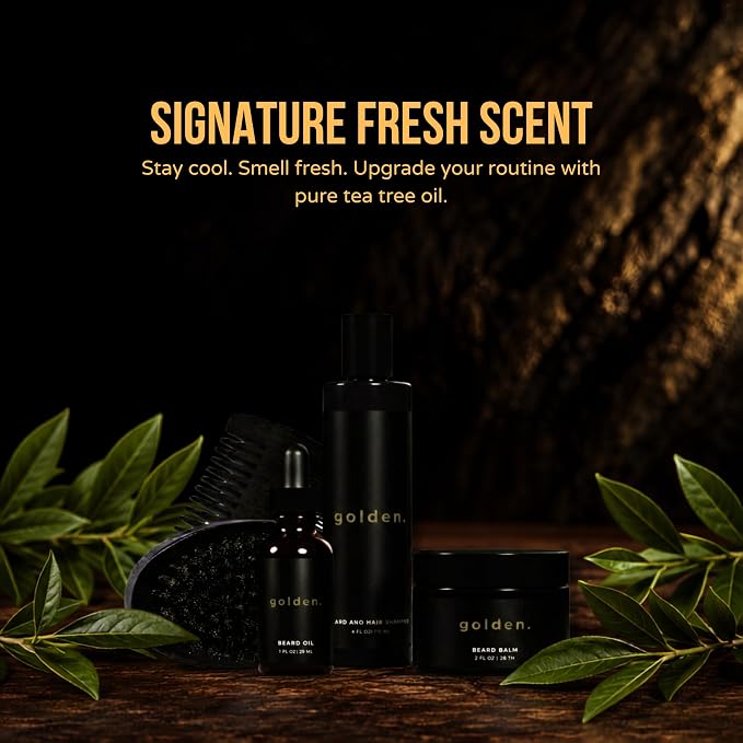Golden Grooming Co. Beard Care Kit for Men - 5pc Grooming & Growth Set includes Beard Shampoo, Balm, Oil, Wood Comb & Boar Bristle Brush - Men's Self Care Gift Bundle