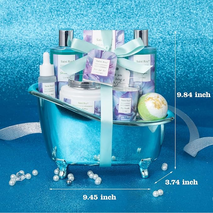 Bath and Body Basket Set EUCALYPTUS & Mint Spa Gift Basket for Women, Unique Bath Gift Baskets Gifts, Home Spa Kit Christmas Gifts for Women, birthday gift baskets for Dad Mother's Day