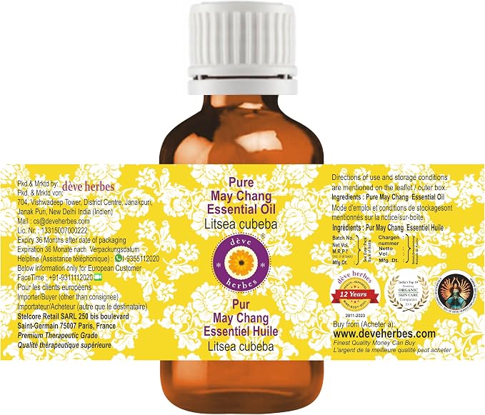 dève herbes May Chang Essential Oil (Litsea cubeba) Pure | Non-Sticky | Non-Greasy | Lightweight | Men & Women | All Skin Types | Steam Distilled 15ml (0.5 oz)