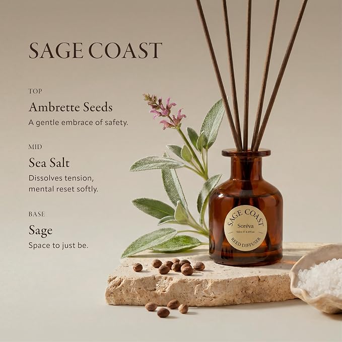 Soréva Sage & Sea Salt Reed Diffuser Set, Ocean Mist Aromatherapy, Plant-Based Essential Oils, 120-Day Mindful Alcohol-Free Home Fragrance for Bathroom & Office, Gift Set with 7 Sticks, 4.39 fl oz