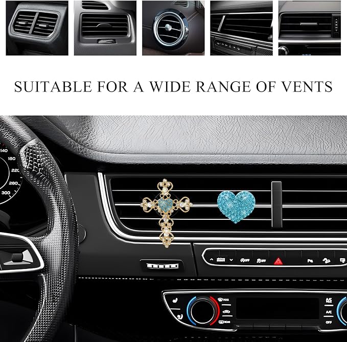 2 PCS Bling Car Vent Clip, Crystal Rhinestone Cross and Heart Car Air Fresheners Vent Clips, Diamond Car Air Conditioner Outlet Decoration Charm for Women, Car Accessories (Blue)
