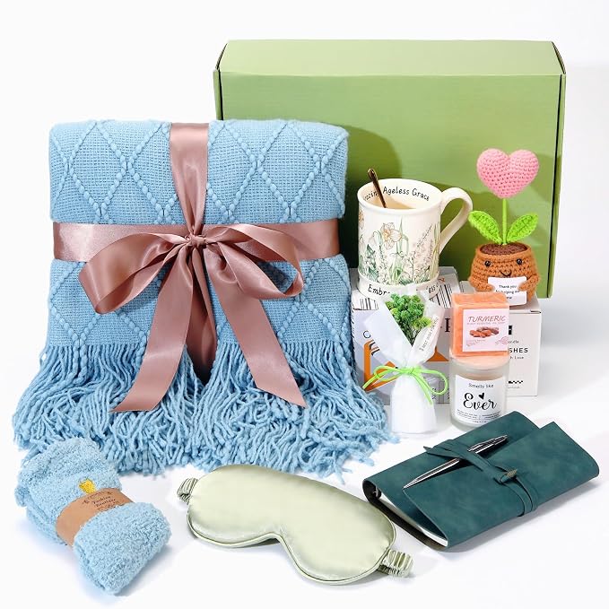Sending Hugs Self-Care Gift Basket, Spa Relaxation Gifts for Women Her - Cozy Plush Throw, Inspirational Mug, Scented Candle & Journal for Get Well Soon, New Mom, Best Friend, Birthday (Aqua)