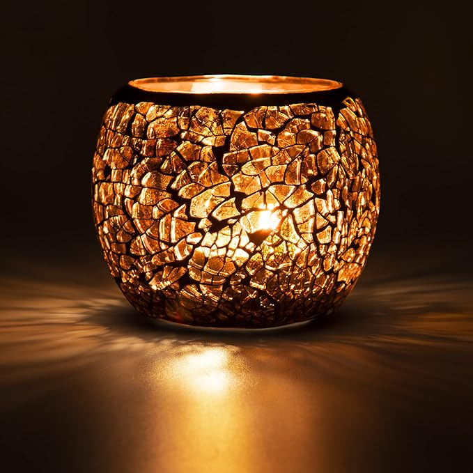 Scented Candle Holder Mosaic Glass Tea Light Holder,Handmade Romantic Glass Tealight Candle Holder for Aromatherapy,Party Décor(NO Candles),Also Used as Vase,Pen Holder,Potted Plants Bowl (Amber)