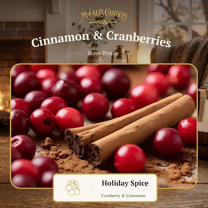 McCall’s Candles | Cinnamon & Cranberries | 26 oz Scented Candle | USA-Poured | Vintage Rustic Jar with Carrying Handle | Cinnamon Spice & Tart Cranberry Fragrance