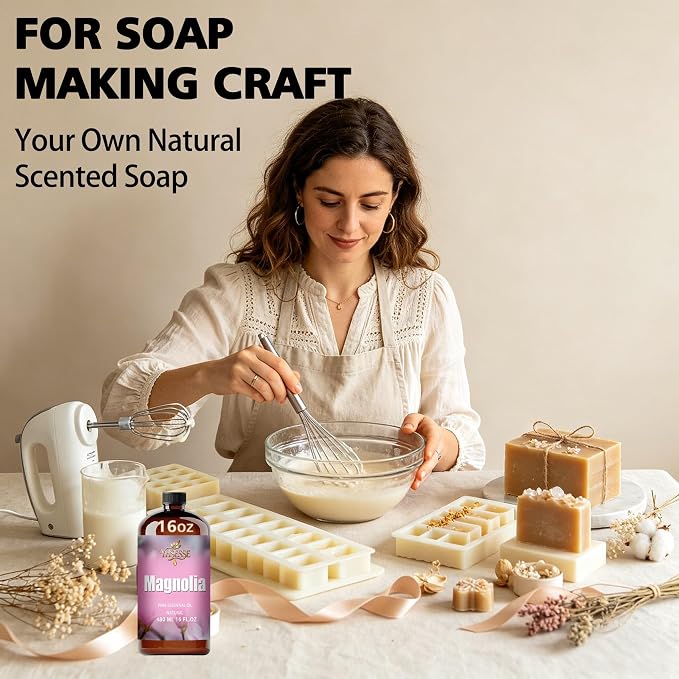 Magnolia Essential Oil, Magnolia Oil 16 Fl Oz 480ml for Diffuser Yoga Soap & Candle Making – with 0.33 Oz Roller Ball & Funnel YHSESSE Essential Oils
