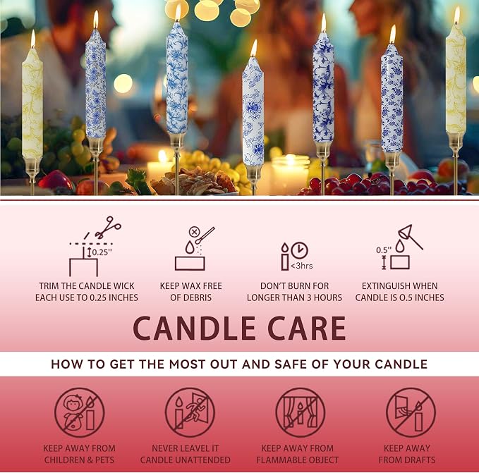 7 inch Short Candle Floral Candle Sticks Printed Candlestick Handmade Unscented Taper Candle 4 Pack Flower Tapered Candles for Home Dinner Wedding Holiday