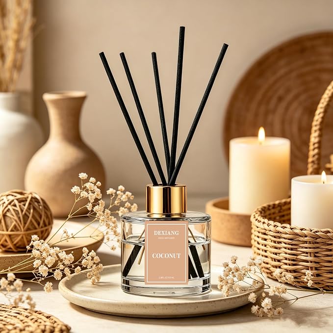 Reed Diffuser Set, 3.38 fl oz (100ml) Coconut Scent Oil Diffuser with 6 Reed Sticks, Natural Home Fragrance Reed Diffuser for Bathroom, Bedroom, Living Room Shelf Decor