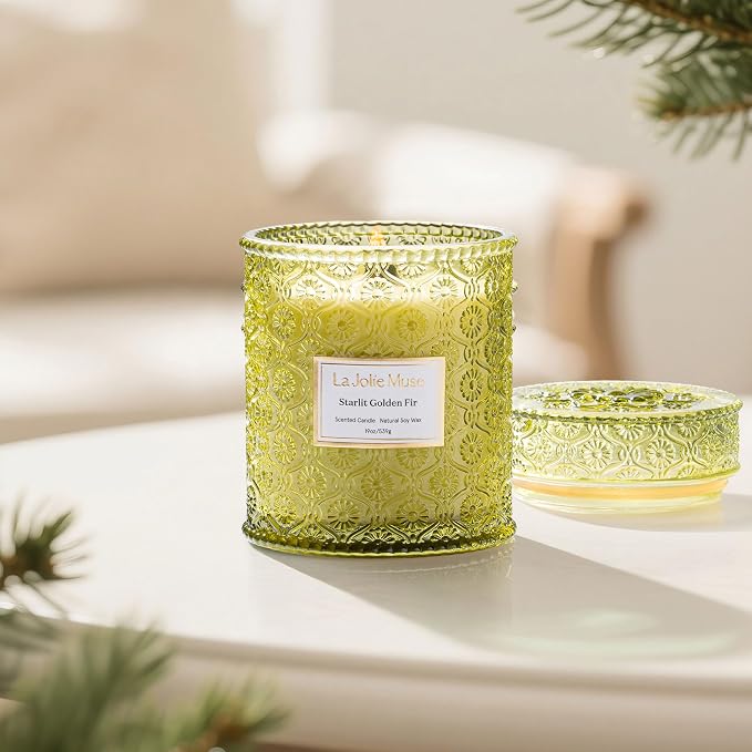 LA JOLIE MUSE Starlit Fir Pine Scented Candle for Home | Balsam & Cedarwood | Christmas Winter Holiday | 19 oz Non Toxic Natural Soy | Large Green Jar Candle | Luxury Gifts | Wood Wick
