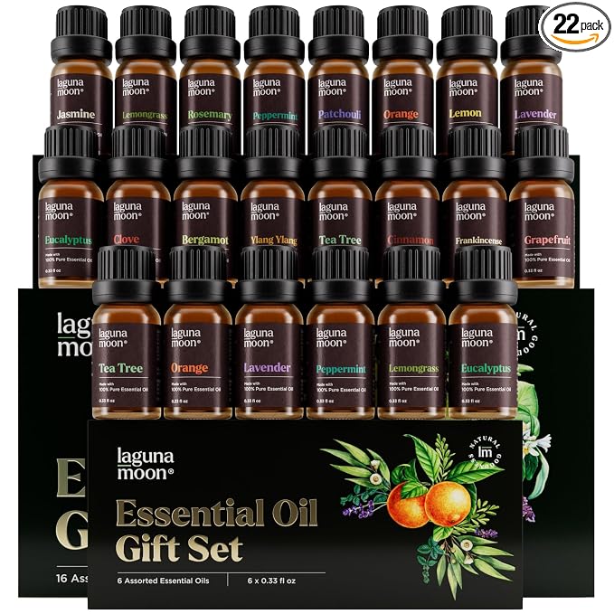 Lagunamoon Top 6 Blends Essential Oil Set (10ml) and 16 Pcs Premium Grade Home Essentials Oils (10ml) - for Diffusers, Home Care, Candle Making Scents, Fragrance, Aromatherapy, Humidifiers, Gifts