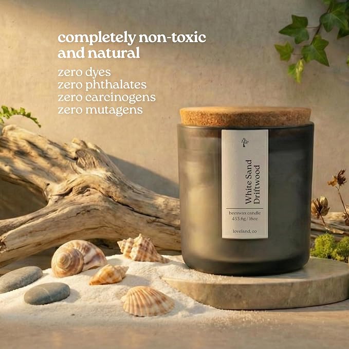 Aspen & Oak Luxury Beeswax Candle, 16oz | Long Burning Pure Beeswax Candles, Non Toxic, Natural, Clean, Essential Oil Scented Organic Candles, Home Decor & Gifts (White Sand Driftwood)