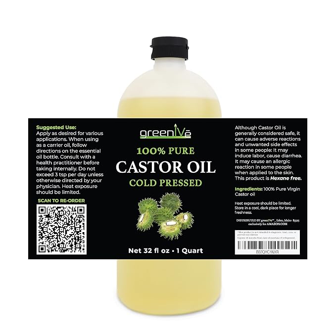 GreenIVe 100% Pure Castor Oil, 32 Fl oz | Cold-Pressed, USP Grade, Hair, Eyebrows, Eyelashes, Skin Moisturizer, Castor Pack Wrap Oil Bulk Bottle