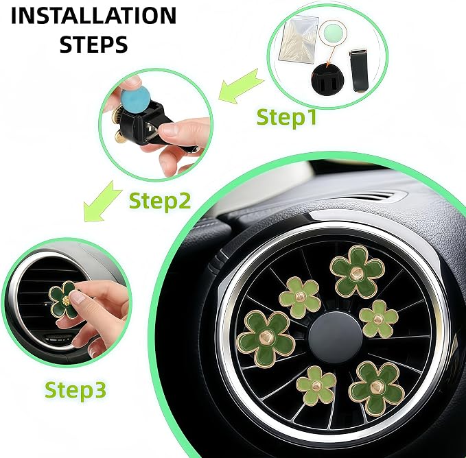 6Pcs Green Daisy Car Air Vent Clips, 2 Sizes Sage & Olive Green Flower Air Fresheners, Refillable Diffuser & Cute Dashboard Decor Accessories for Women & Girls