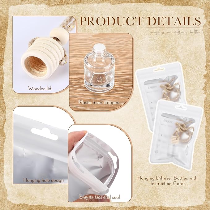 Boao 400 Sets Hanging Car Air Freshener Diffuser Bottles with Instruction Card and 4 x 6'' Resealable Holographic Bag for Empty Car Essential Oil Perfume Bottles Packaging (Cylinder)