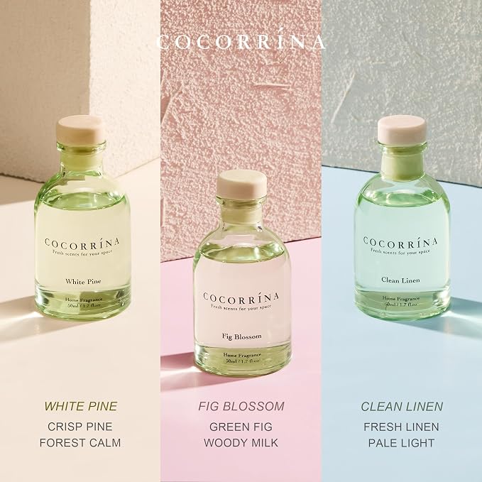 COCORRÍNA Eucalyptus Reed Diffuser Set of 3 - Clean Linen, White Pine, Fig Blossom Scents, 1.7 fl oz Each, Total 5.1 oz, Scented Oil Diffusers for Home & Office