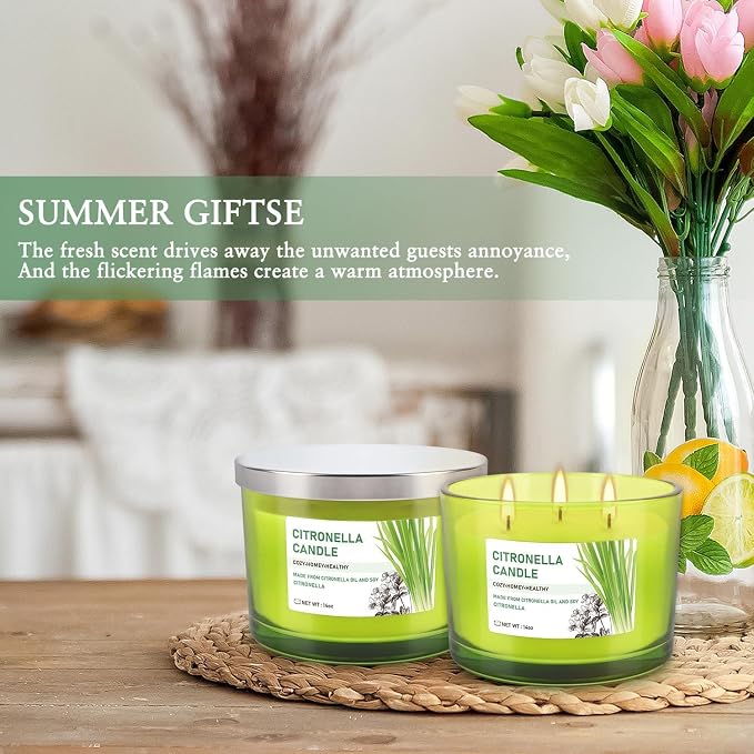 Set of 2 Green Glass Jars Citronella Oil Candles 14oz Smokeless & Outdoor Candles Perfect for Courtyards, Backyards, Camping, Picnics, and Garden.
