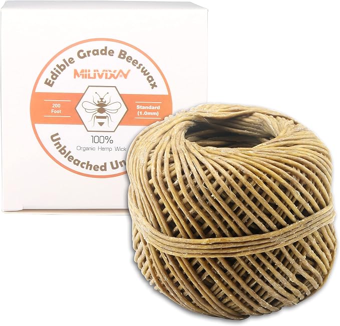 MILIVIXAY Hemp Wick with Natural Beeswax Coating, Edible Grade Beeswax, 200 FT Spool, Standard Size (1.0mm),Unbleached, Un-Dyed and 100% Organic.