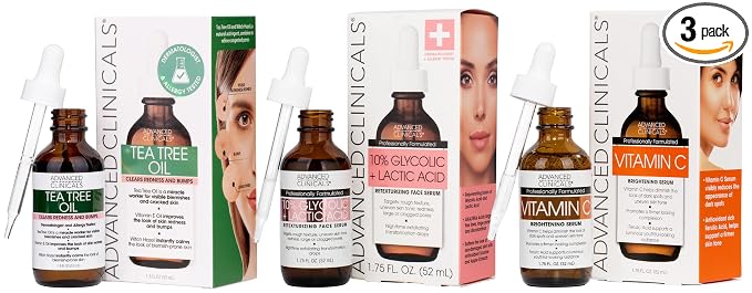 Advanced Clinicals Tea Tree Oil For Face + Vitamin C Serum + Exfoliating 10% Glycolic Acid + Lactic Acid Serum 3PC Skincare Set For Women & Men | Anti Aging Serums To Brighten, Exfoliate, & Hydrate