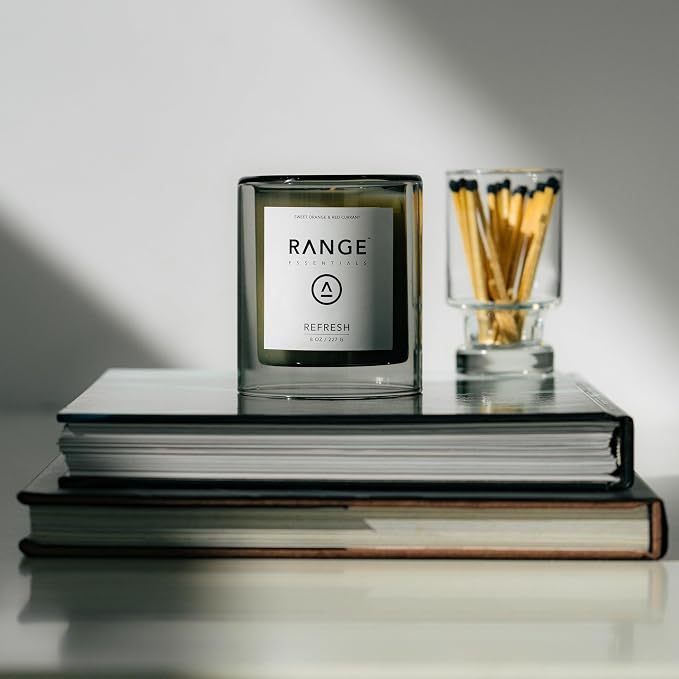 Range Essentials Refresh Candle, Fruit Scent, Soy Wax, Aromatherapy, Energizing, Stress Relief, Clean-Burning, Non-Toxic, Lead-Free, Cotton Wick, Long-Lasting, Home Office Fragrance, 8oz (227g)