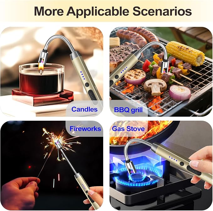 Candle Lighter, Windproof Flameless Electric lighters, Long Lighter with 360° Neck & Safety Switch, USB-C Rechageable LED Power Display Arc Lighters for BBQ Candle Birthday