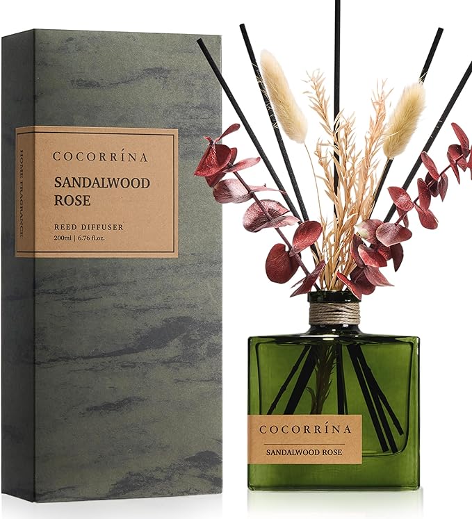 COCORRÍNA Reed Diffuser, 6.76 oz Sandalwood Rose Scent Reed Diffuser with 6 Sticks & Dried Flowers, Long Lasting Elegant Fragrance Home Décor for Bathroom Bedroom Office