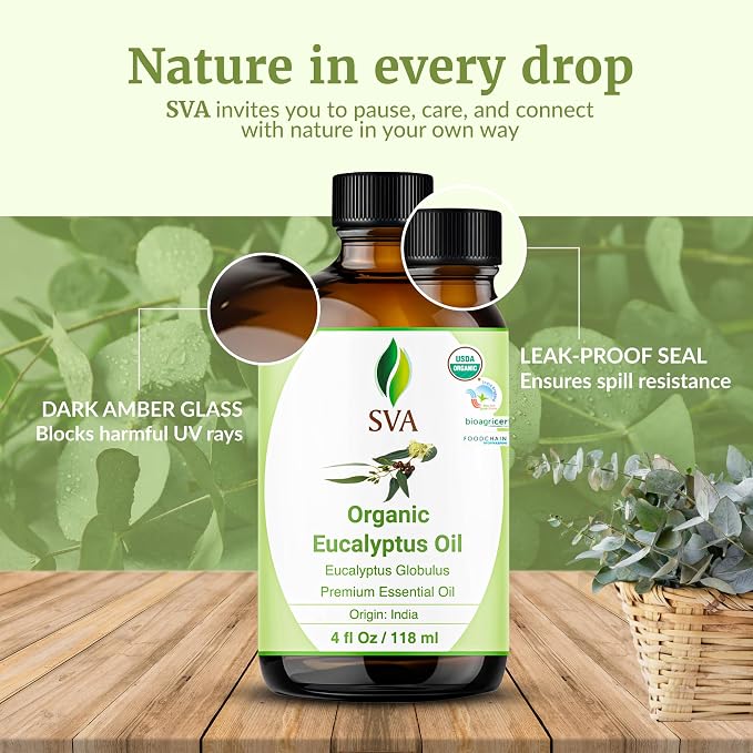 SVA Eucalyptus Essential Oil Organic – 4 Fl Oz – 100% Natural Organic Eucalyptus Oil - for Diffuser, Hair, Face, Skin Care, Aromatherapy, Scalp and Body Massage, Soap and Candle Making - with Dropper
